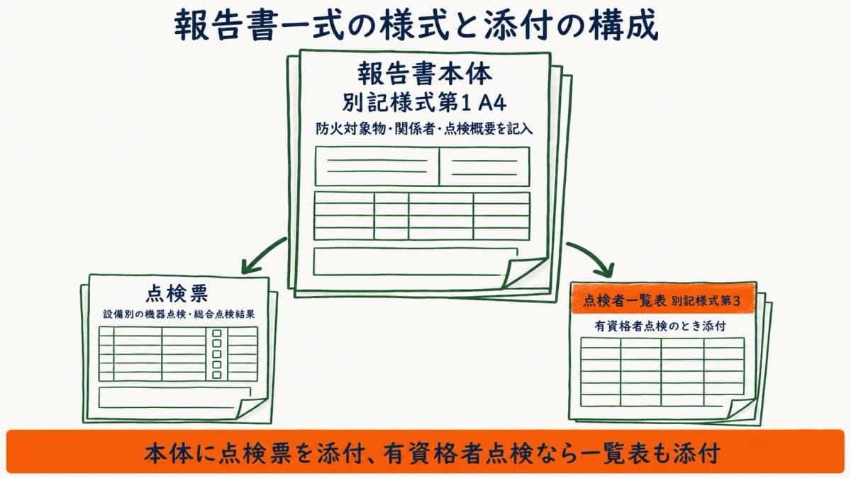 消防用設備等点検結果報告書の様式第1と添付する点検票や点検者一覧表の関係を示した記入構成の図