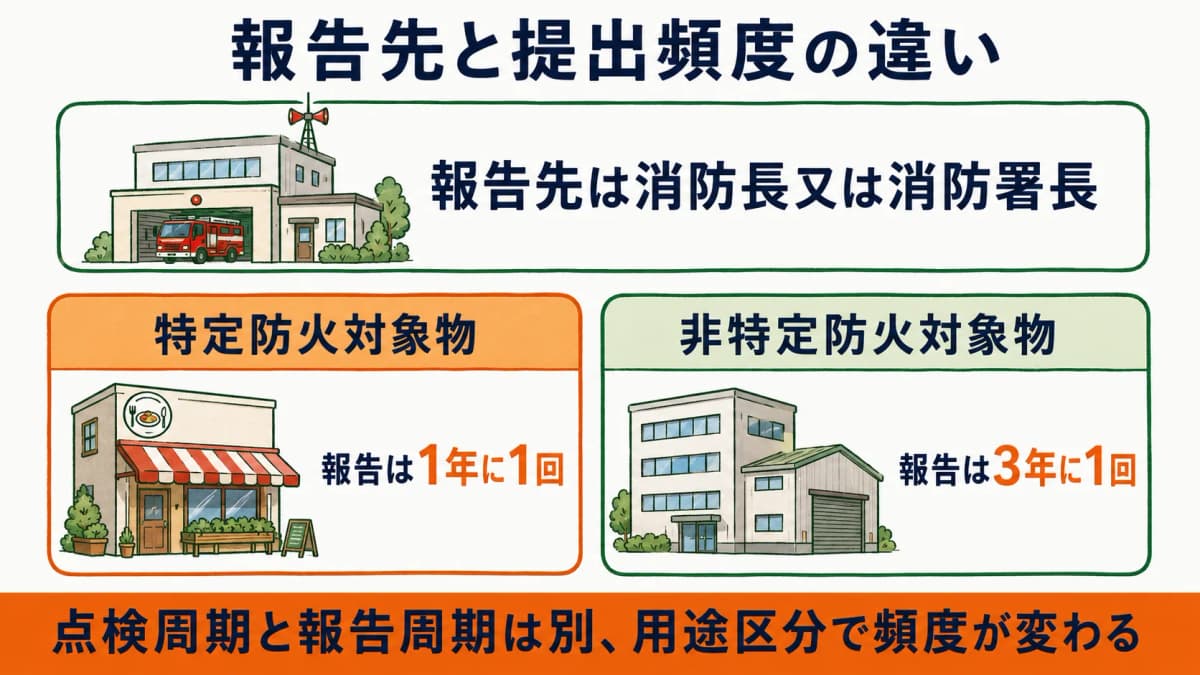 消防署への報告先と特定防火対象物は1年非特定は3年という提出頻度の違いを物件種別で整理した図