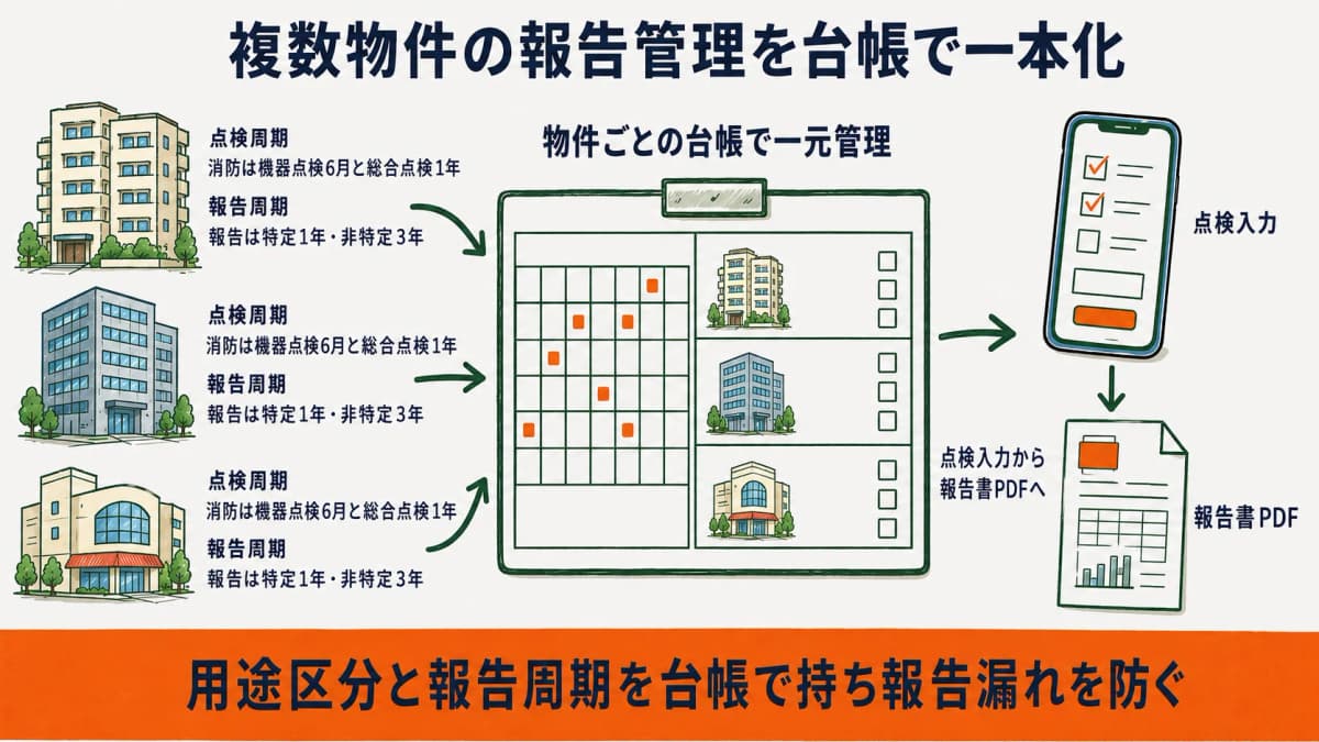 複数物件の点検周期と報告周期を台帳で一元管理し点検入力から報告書PDFまでをつなぐ仕組みの図