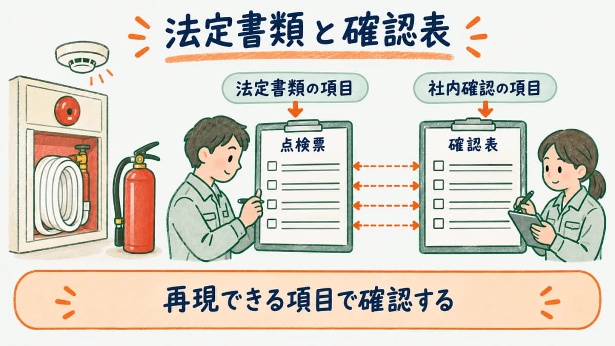 消防用設備の書類項目と受託点検会社の確認表を対応させる図