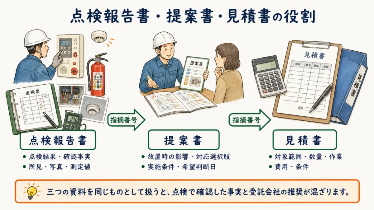 点検報告書から提案書と見積書へ情報をつなぐ役割図
