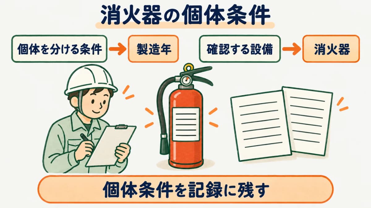 消火器の器種、種別、加圧方式、製造年を個体単位で確認する図