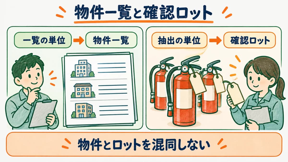 物件単位の消火器一覧と確認ロットを分けて並べる図