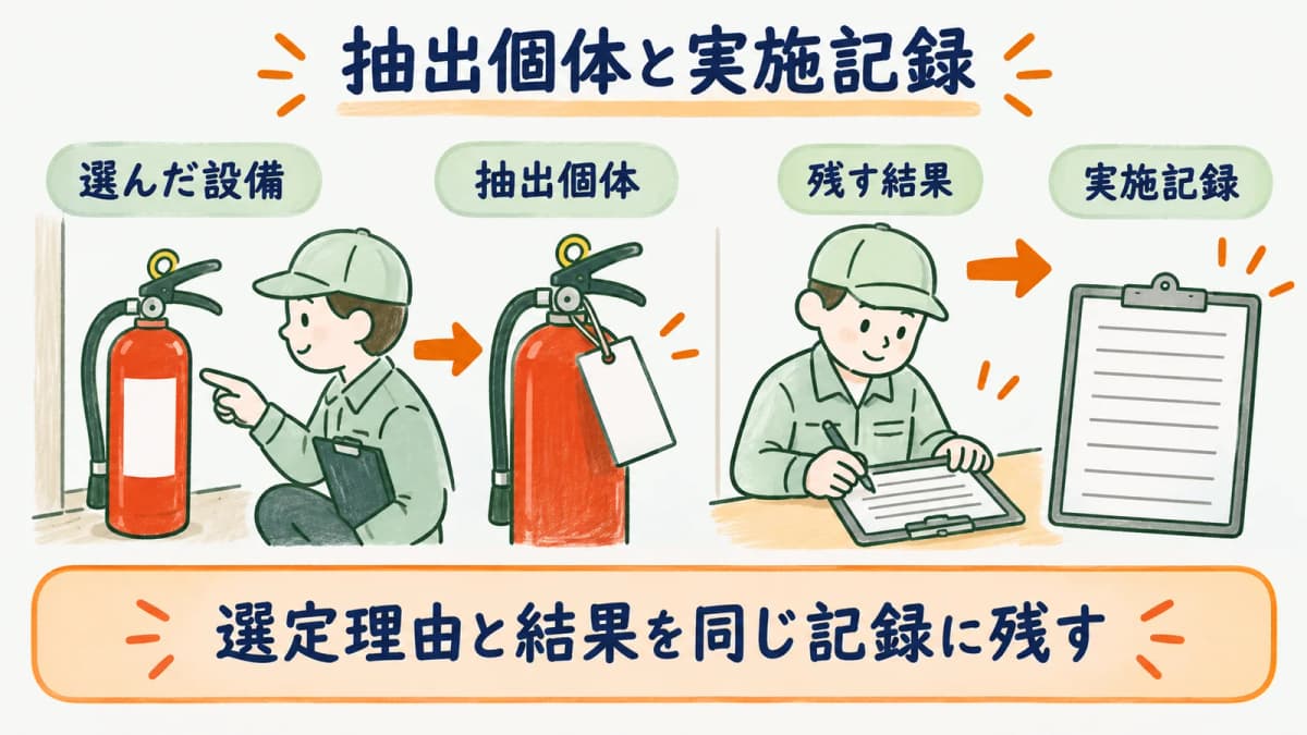 抽出した消火器と結果と実施日を同じ履歴に残す図