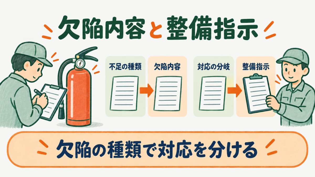 消火器の欠陥内容と整備指示を分けて確認する図
