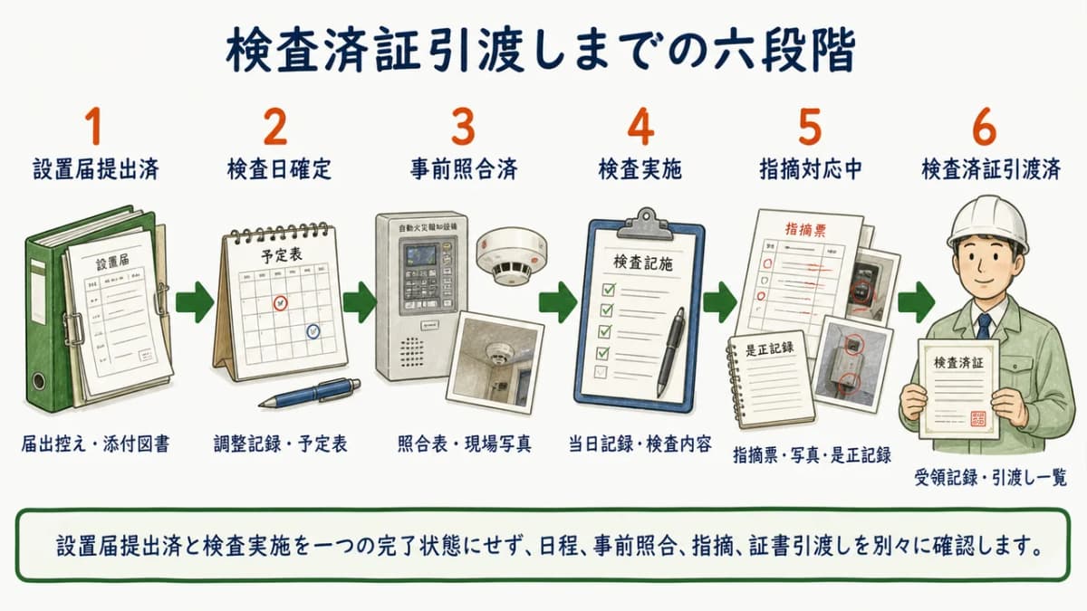 設置届提出済から検査済証引渡済までの6段階進捗図