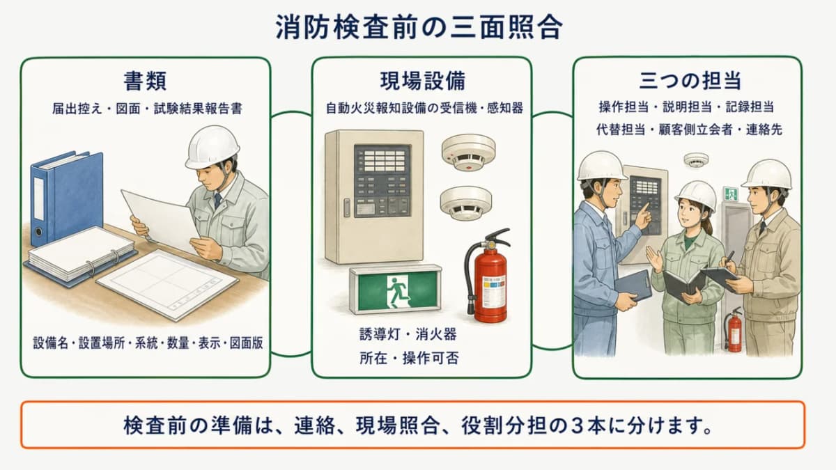 消防検査前に書類・現場設備・3つの担当を照合する図