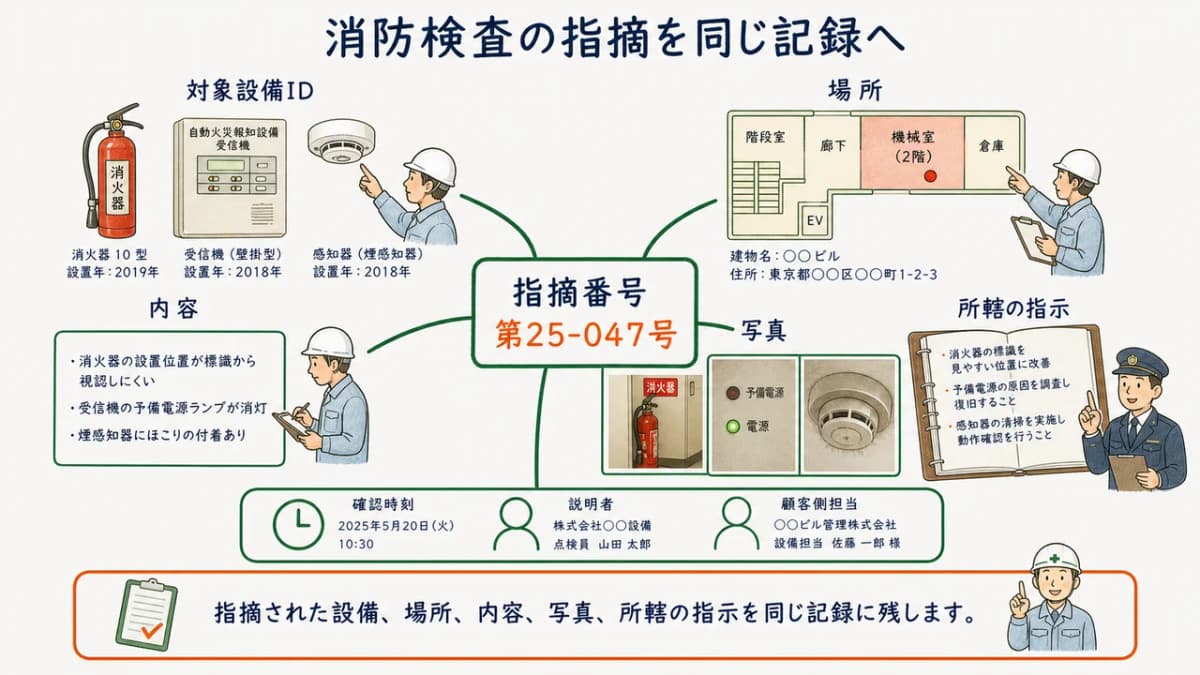 消防検査の指摘を設備・場所・写真・所轄指示へ結び付ける図