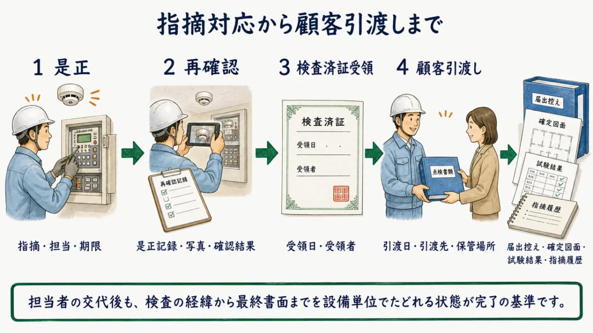 是正・再確認・検査済証受領から顧客引渡しまでの完了図