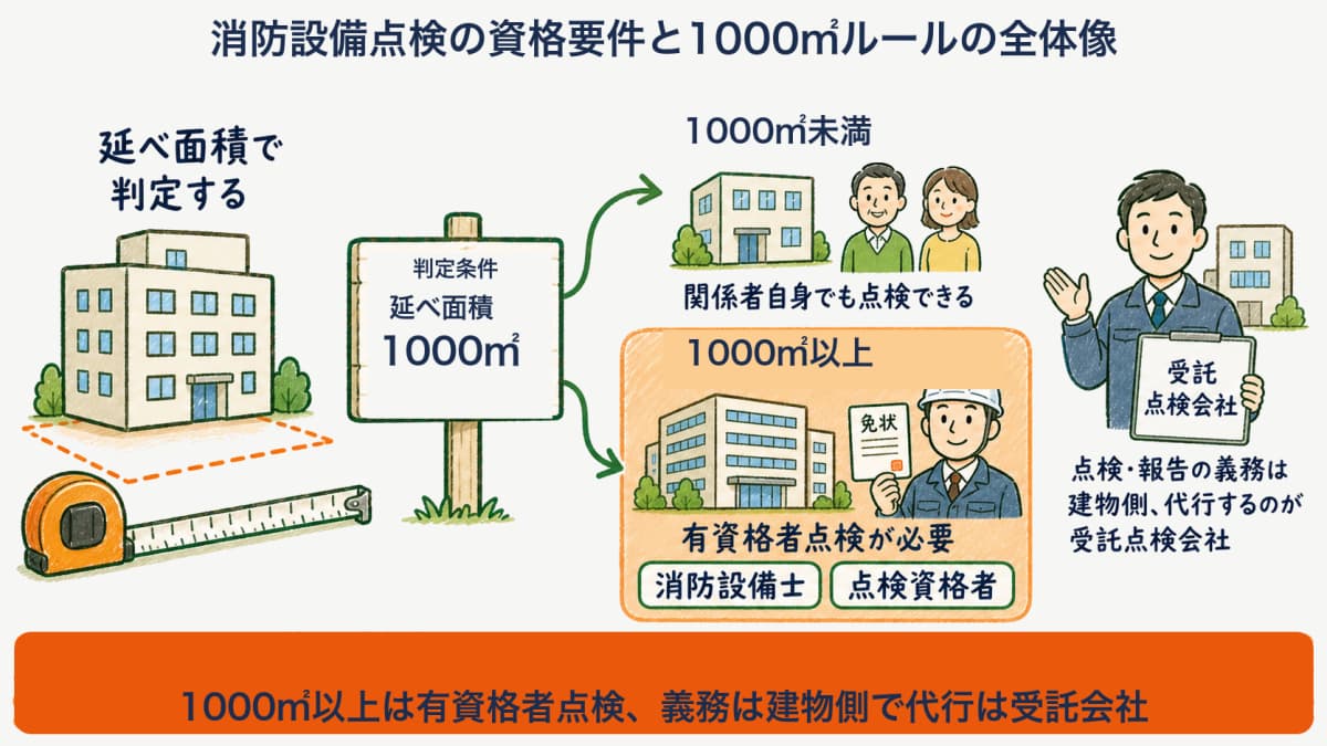 消防設備点検の資格要件と1000㎡ルールで有資格者点検が必要になる分岐の全体像を示した図