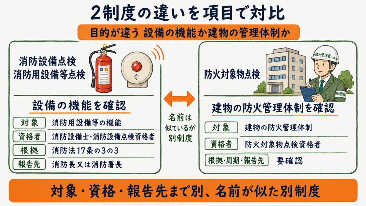 消防設備点検と防火対象物点検の2制度を左右で対比した全体像を示した図