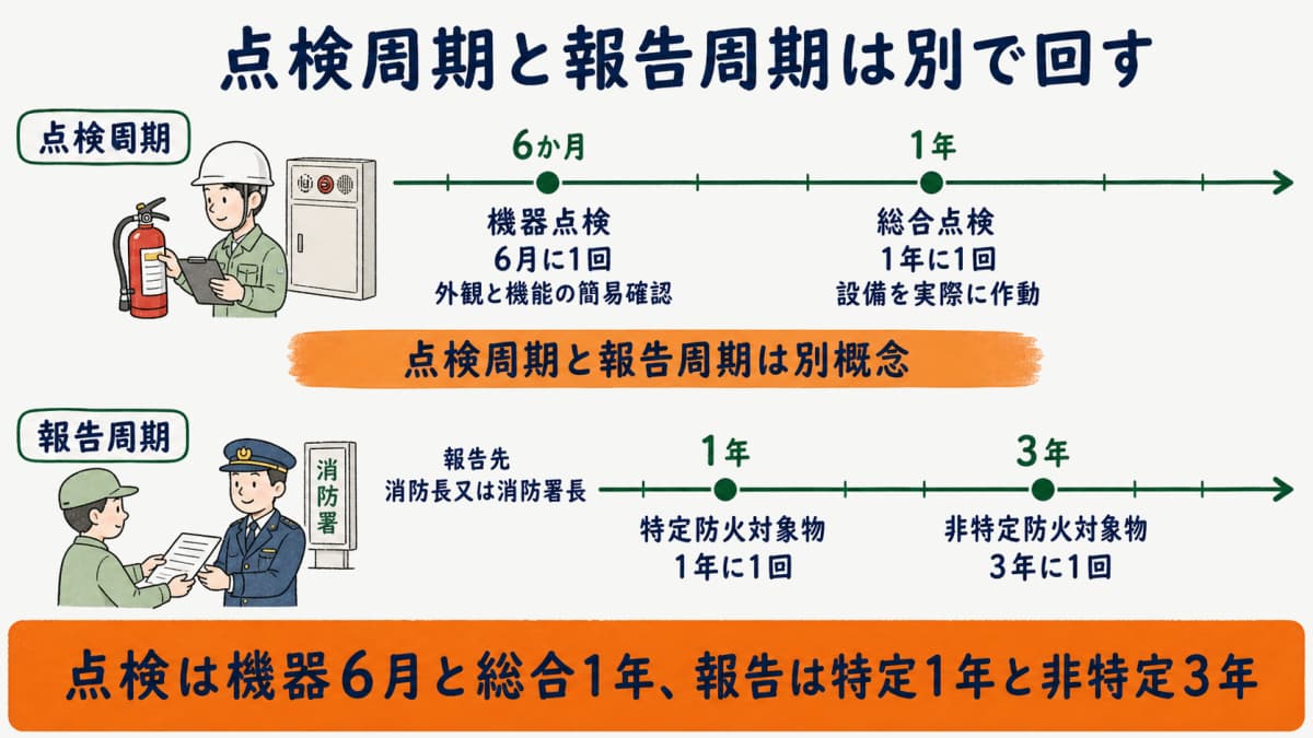 消防設備点検の点検周期と報告周期を別レーンで示したタイムライン図