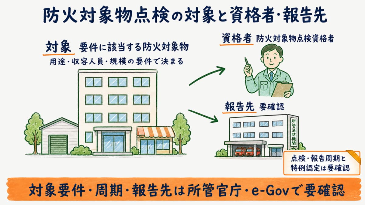 防火対象物点検の対象建物と資格者・報告先の関係を示した図(周期は要確認の注記付き)