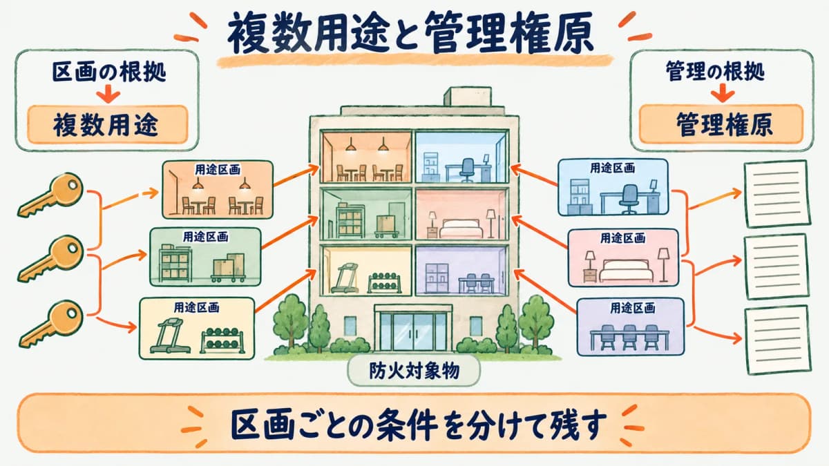 複数用途の区画と管理権原を分けて確認する図