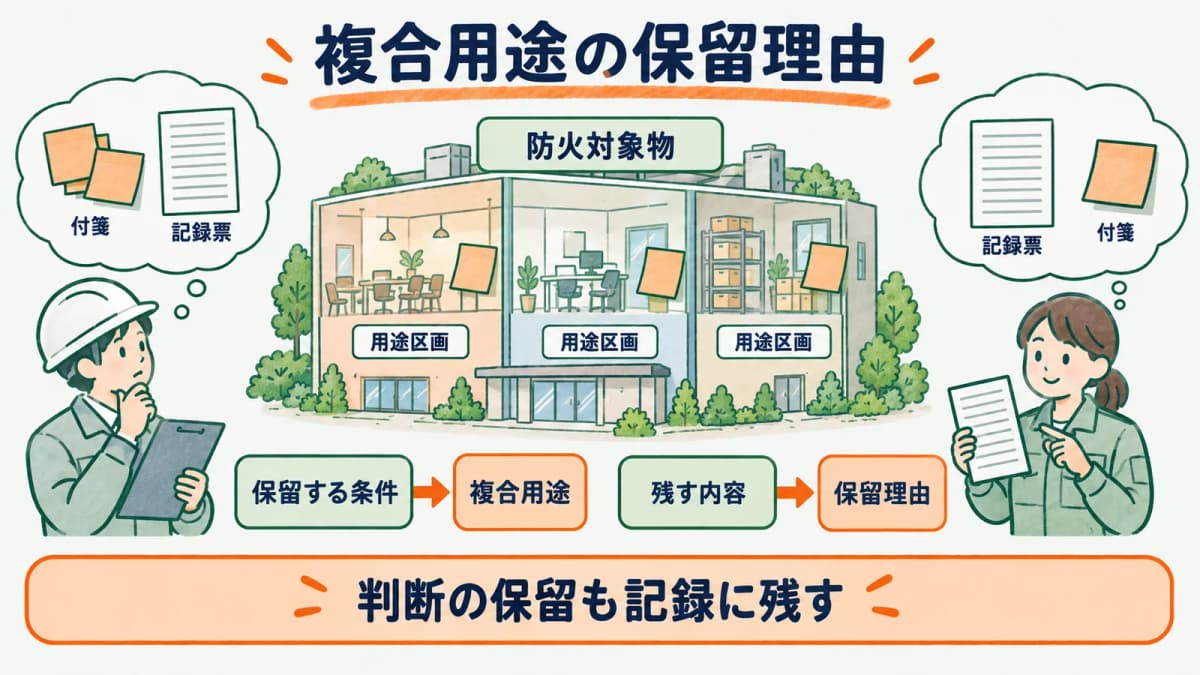 複合用途の可能性と保留理由を分ける防火対象物の図