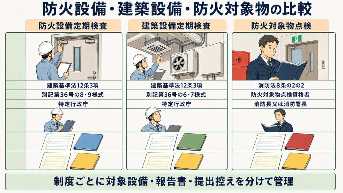 防火設備・建築設備・防火対象物の比較