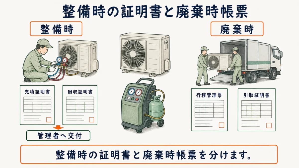 整備時の充塡証明書・回収証明書と廃棄時帳票を分ける図