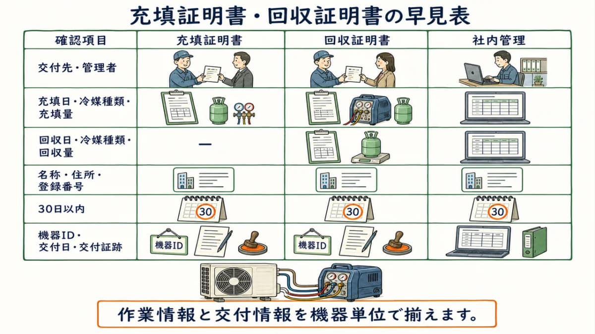 充塡証明書と回収証明書の記載事項・交付先・30日期限の比較図