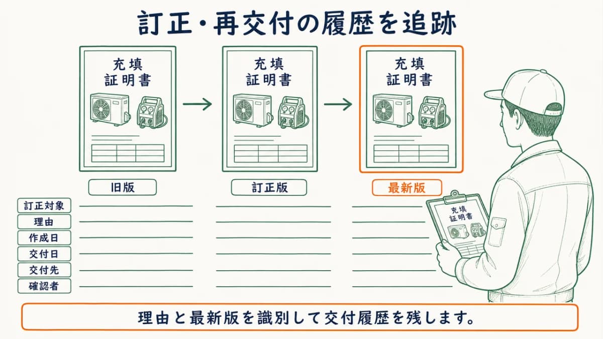 旧版・訂正版・最新版と再交付理由を追跡する図
