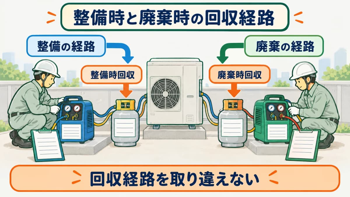 整備時と廃棄時のフロン回収経路を分けて確認する図