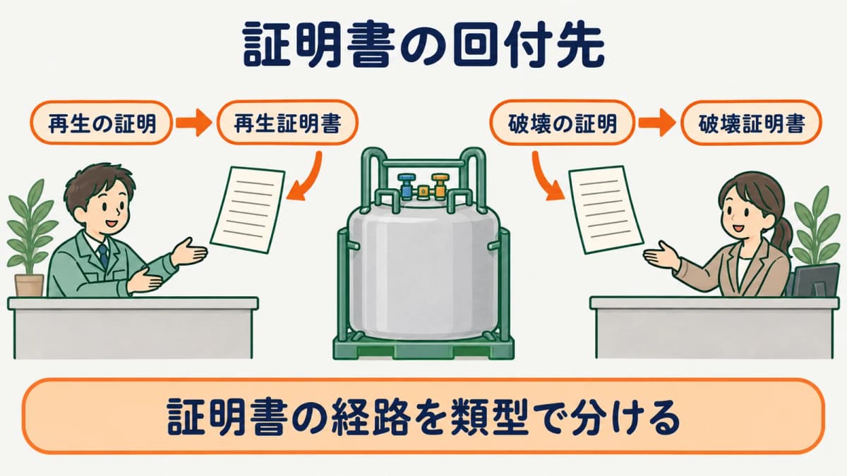 再生証明書と破壊証明書の回付先を回収類型ごとに分ける図