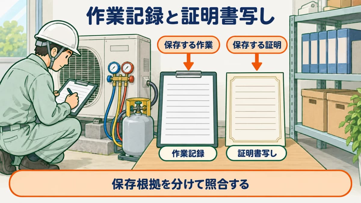 フロンの作業記録5年と証明書写し3年を根拠別に分ける図