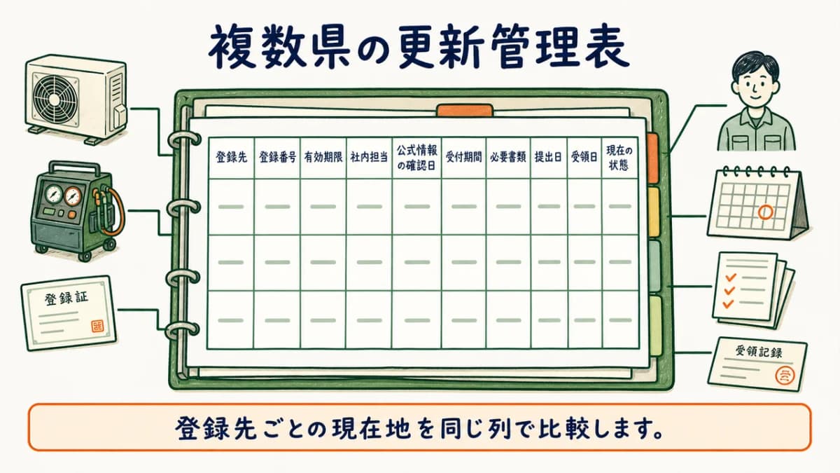 複数県の登録番号・期限・担当・確認日を揃えた管理表図