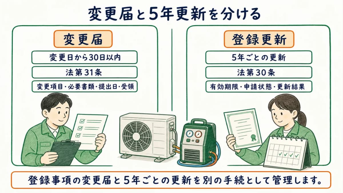 法第31条の変更届と法第30条の5年更新を分ける図