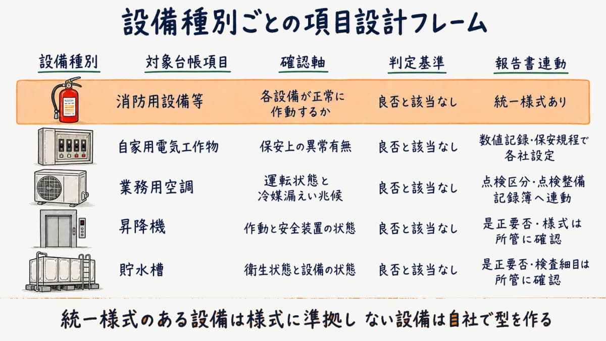 消防と電気と空調と昇降機と貯水槽の設備種別ごとの項目設計フレームを5列で整理した早見表の図