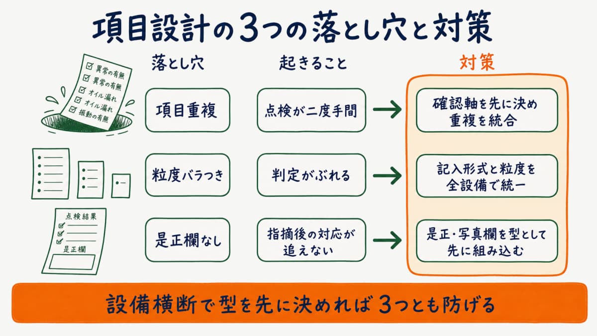 項目設計の3つの落とし穴である項目重複と粒度バラつきと是正欄なしと各対策の対応を示した図