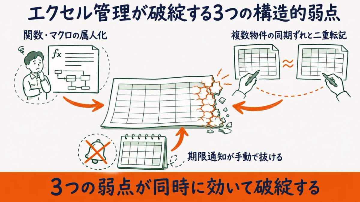 設備点検のエクセル管理が属人化と二重転記と手動通知で破綻していく構造の全体像を示した図