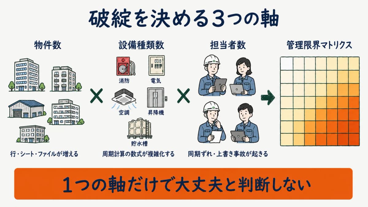 物件数と設備種類数と担当者数の3軸で管理限界マトリクスを構成する考え方を示した図