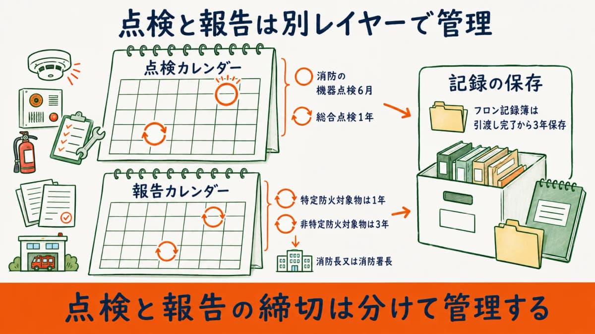 点検カレンダーと報告カレンダーを別レイヤーで持ち記録保存とつなぐ管理構造を示した図