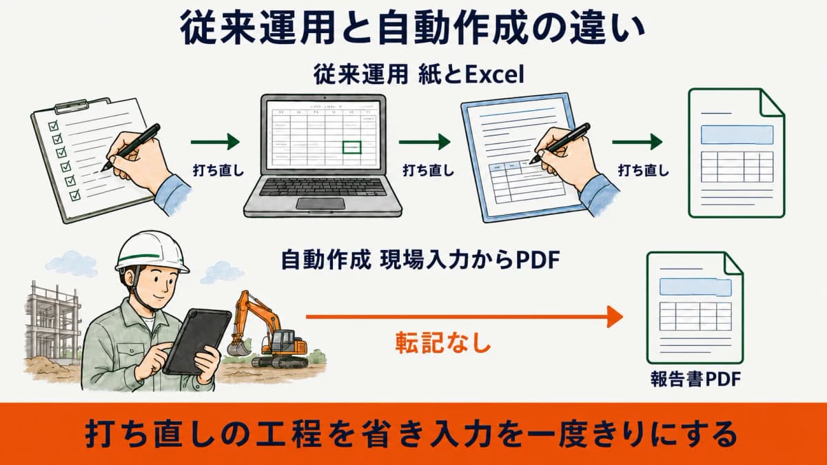 紙とExcelで報告書を作る従来運用と現場入力からPDFを自動生成する運用を対比した図