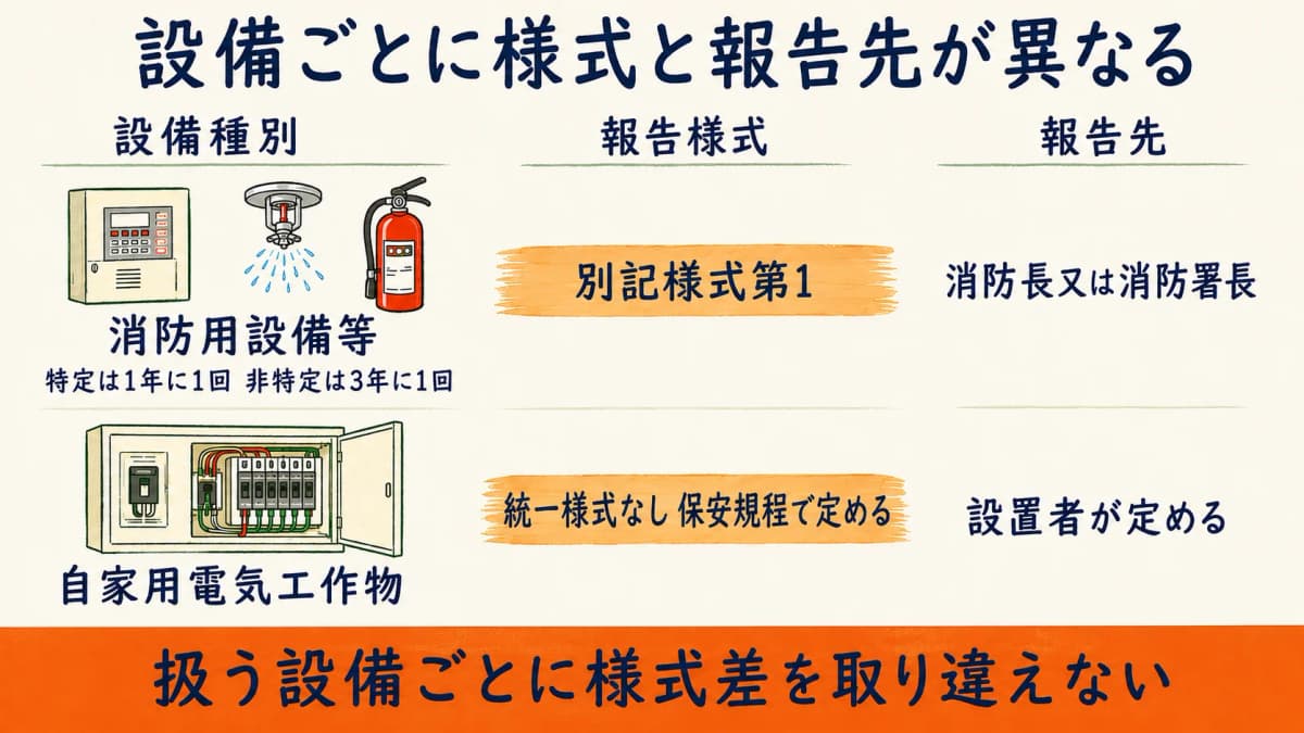 設備種別ごとに報告様式と報告先が異なることを整理した図