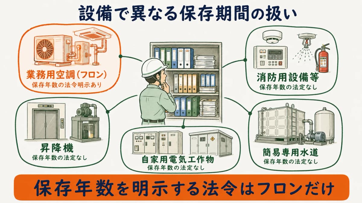 設備種別ごとに点検報告書の保存期間の扱いが異なることを受託点検会社の視点で俯瞰した全体像の図