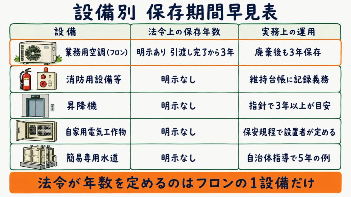 設備別に保存年数の法令明示の有無と実務運用と根拠条文を並べた点検記録の保存期間マトリクスの早見表の図