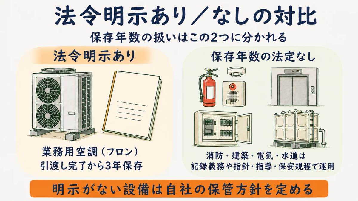 保存年数の法令明示があるフロンと明示がない消防・建築・電気・水道を対比して整理した図