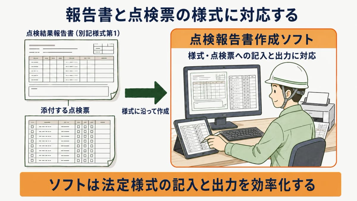 消防の点検結果報告書と点検票の様式に作成ソフトが対応する関係を示した図