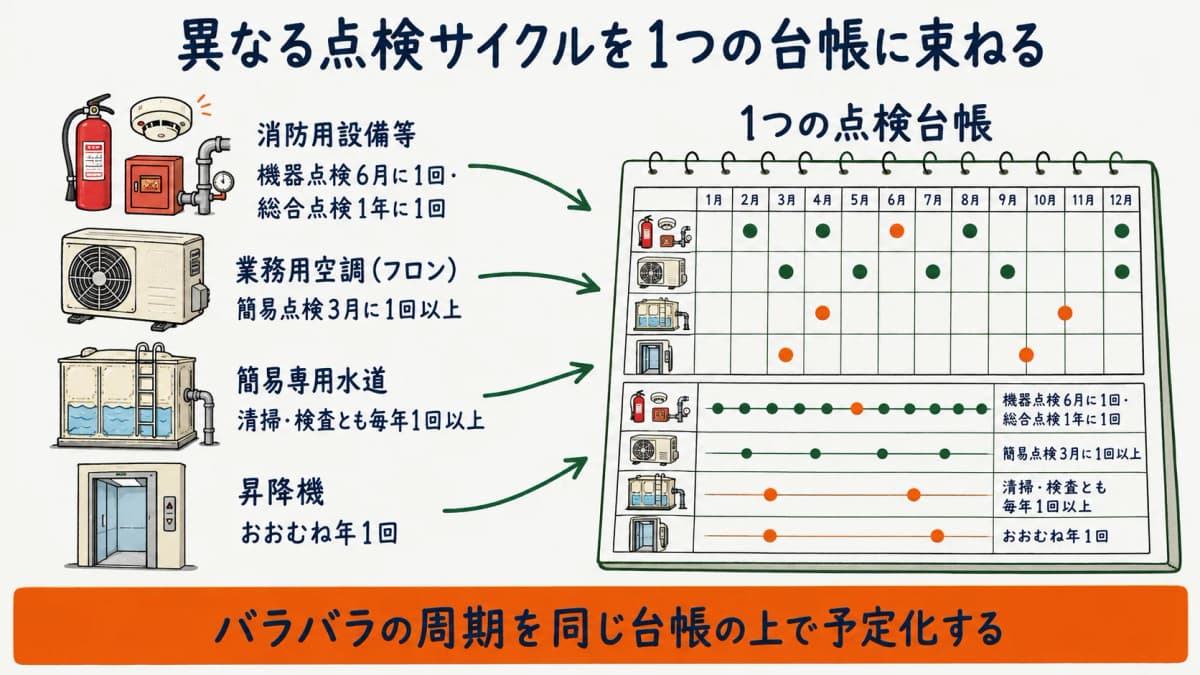 消防とフロンと水道と昇降機の異なる点検サイクルを1つの台帳にまとめて予定化する様子を示した図