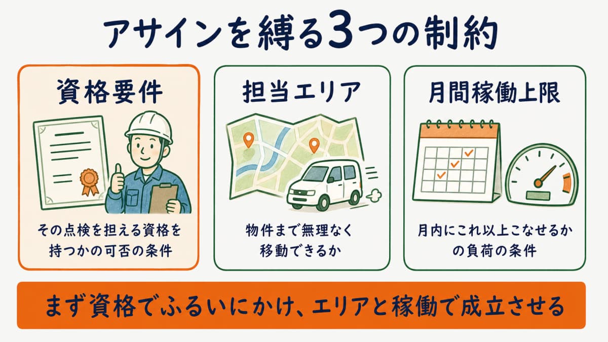 アサインを縛る3つの制約である資格要件と担当エリアと月間稼働上限を並べて示した図