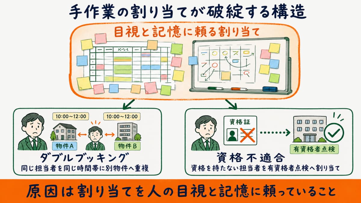 Excelやホワイトボードでの割り当てでダブルブッキングと資格不適合が起きる構造を図解した図