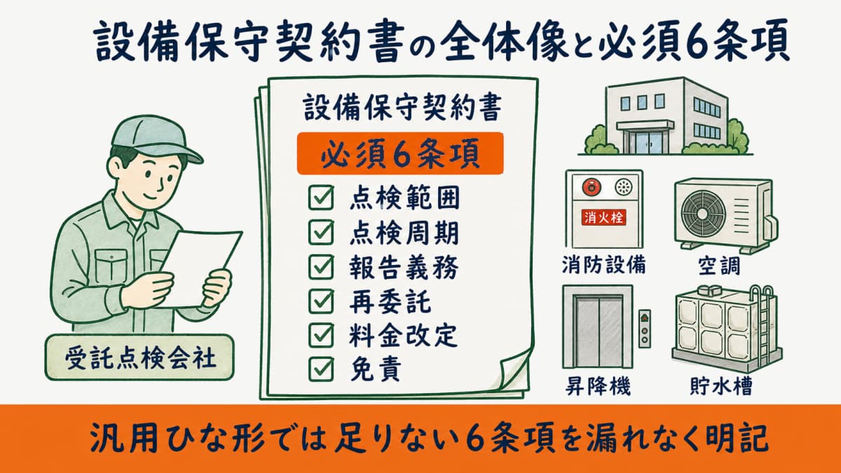 設備保守契約書と6つの必須条項チェックリストを俯瞰する受託点検会社の全体像を示した図