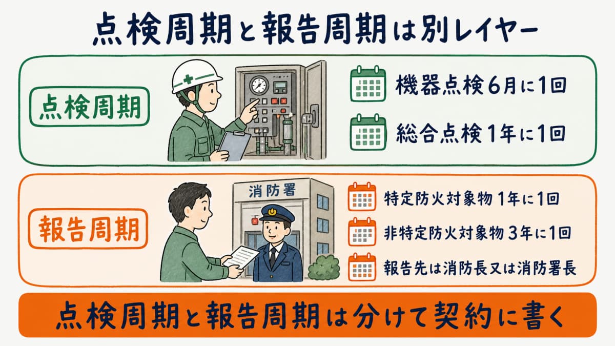 点検周期と報告周期を別レイヤーで書くことを対比した図