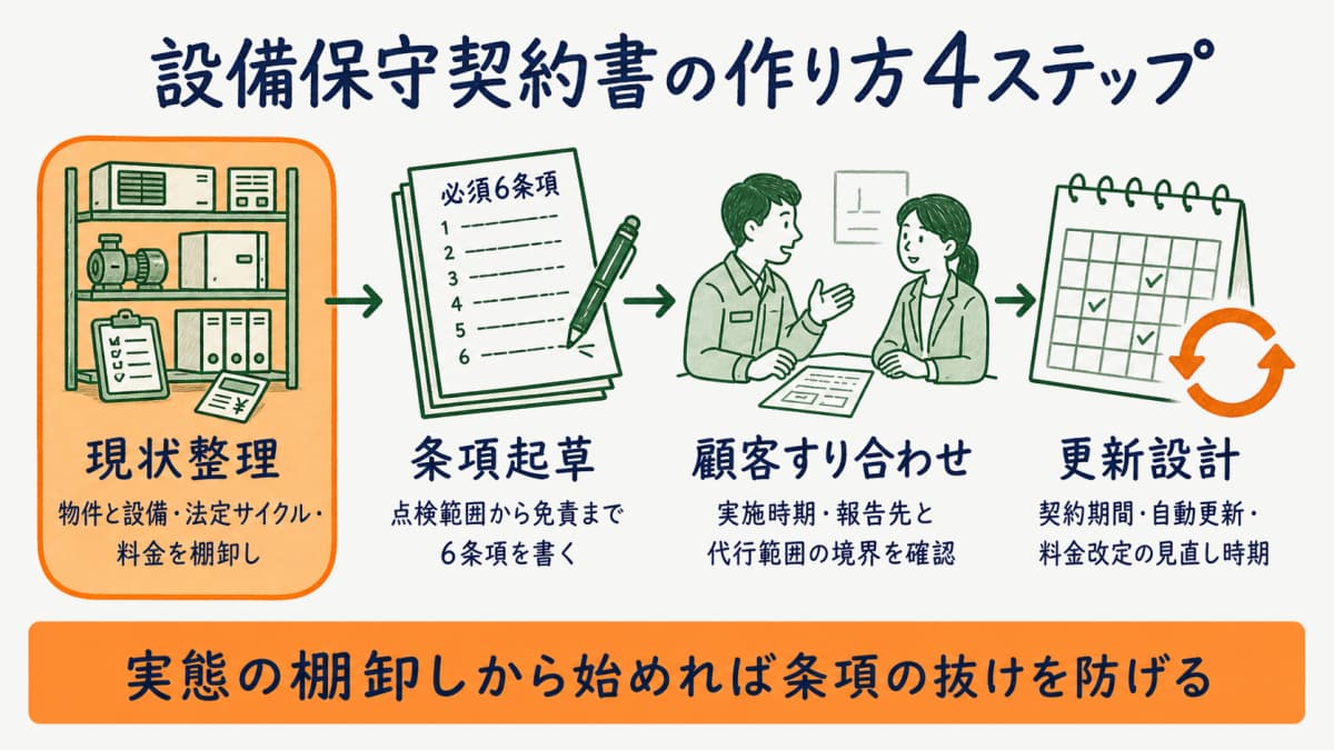 設備保守契約書の作り方4ステップ(現状整理・条項起草・顧客すり合わせ・更新設計)を示したフロー図