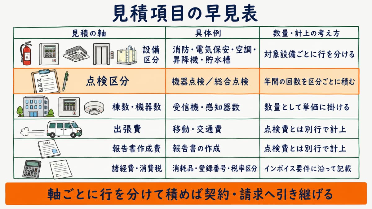 見積項目の早見表として設備区分と点検区分と棟数と出張費と報告書作成費と諸経費のマトリクスを示した図