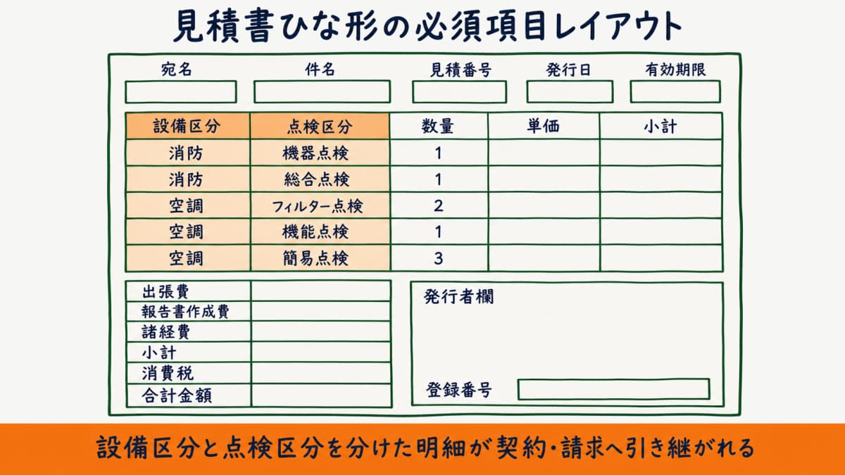見積書ひな形の必須項目レイアウトとして設備区分と数量と単価と小計と出張費と報告書作成費と消費税と登録番号を示した図