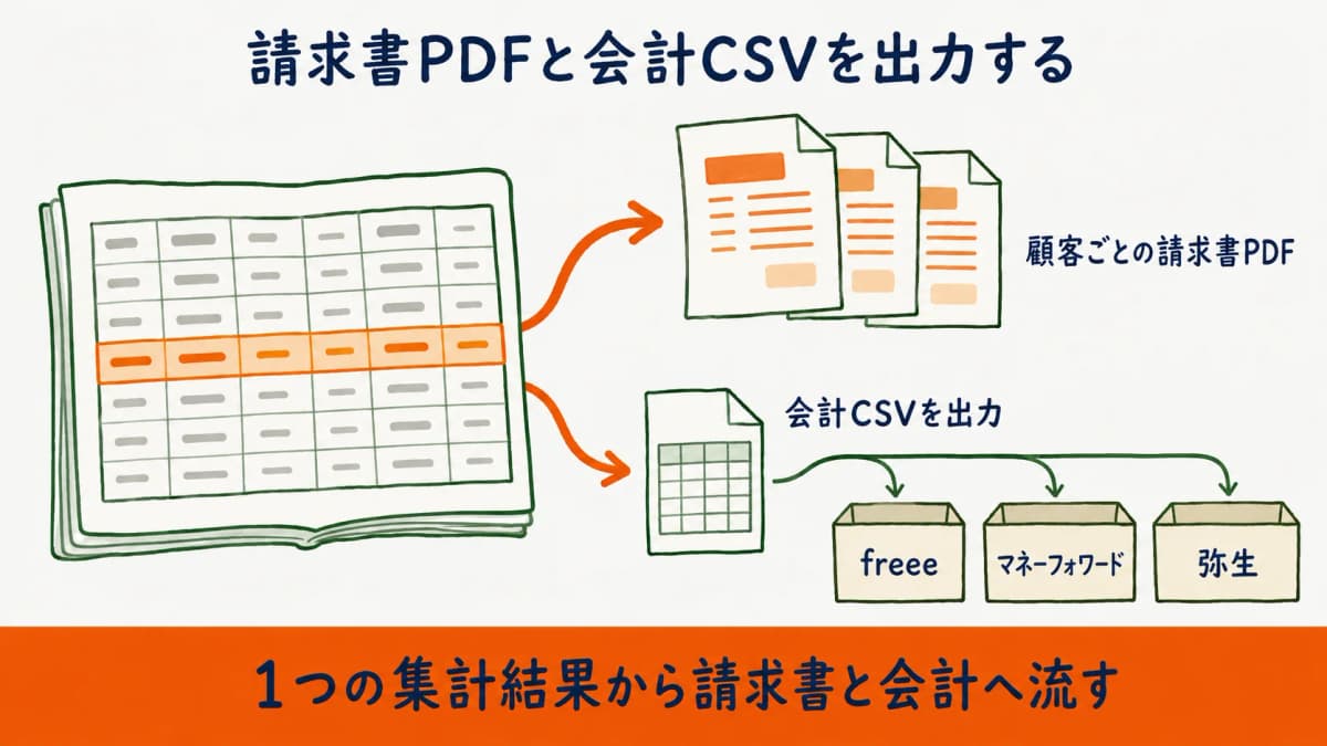 顧客ごとの請求書PDFと会計ソフト向けCSV出力で再入力をなくす流れを示した図