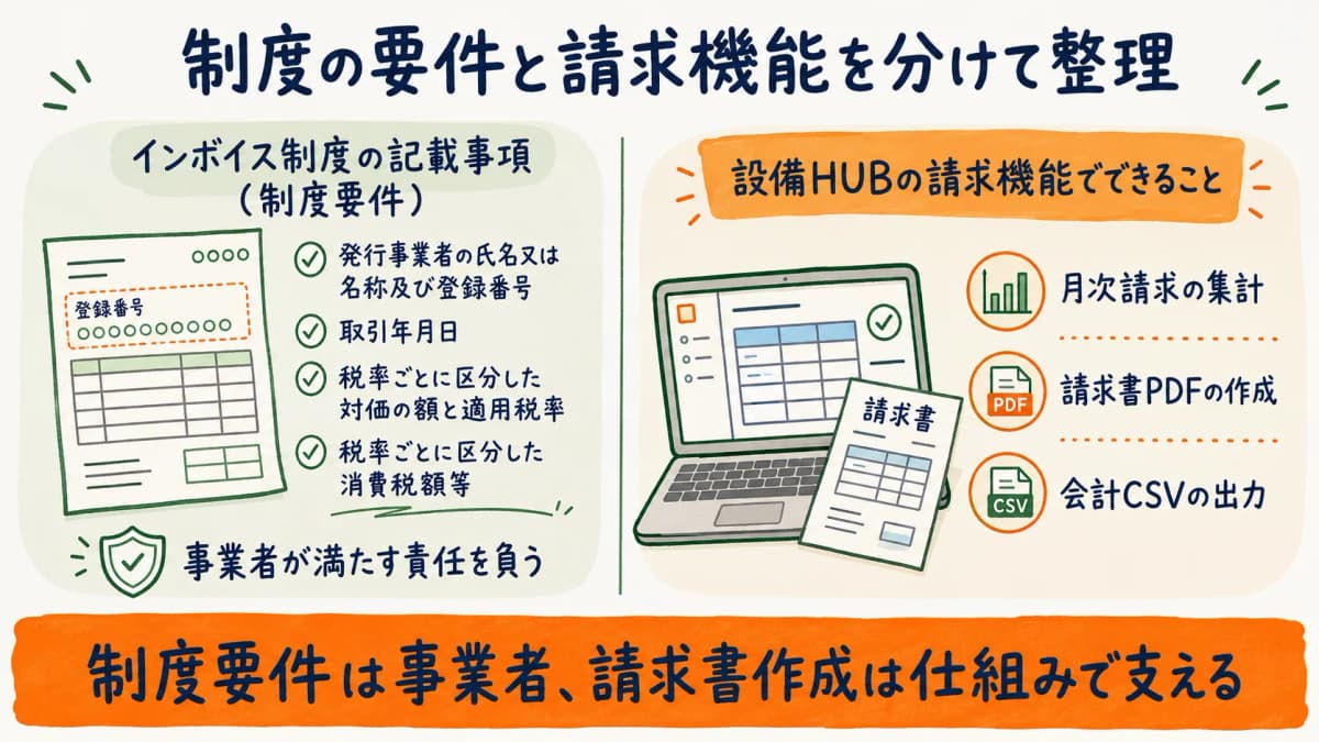 インボイス制度の記載要件という制度事実と請求機能でできることを分けて整理した図