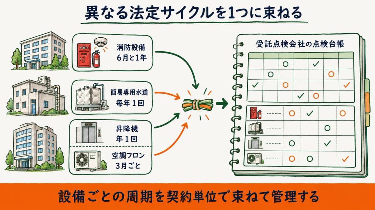 複数顧客と物件と設備で異なる法定点検サイクルを受託点検会社が1つの運用に束ねる全体像の図